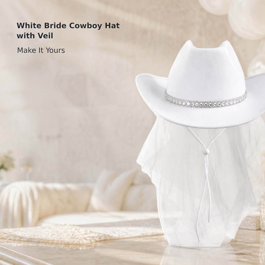 White Bride Cowboy Hat with Veil