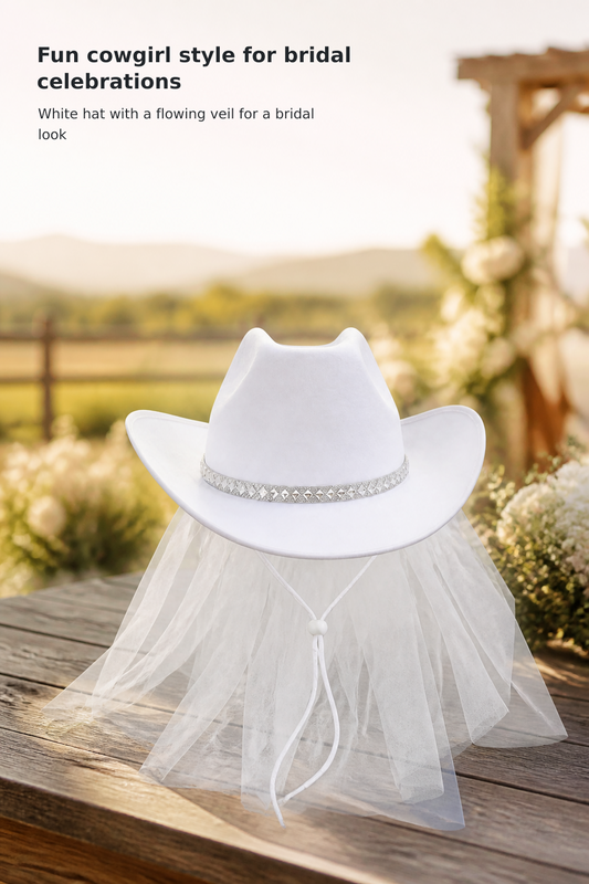 White Bride Cowboy Hat with Veil