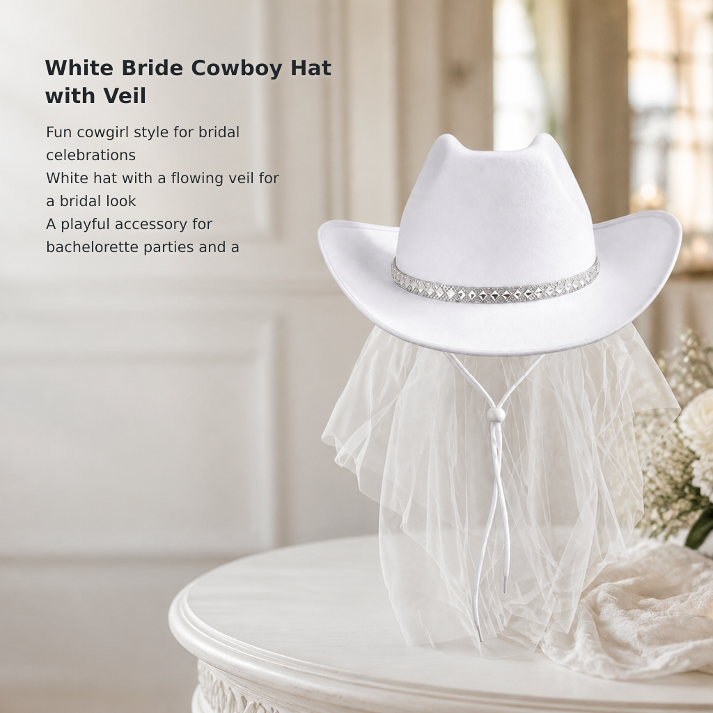 White Bride Cowboy Hat with Veil